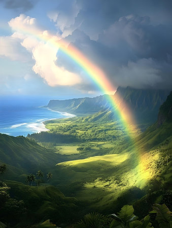 A vibrant rainbow arches over a stunning valley, ocean, and mountains. Serenity and beauty are captured in this picturesque scene.の写真素材