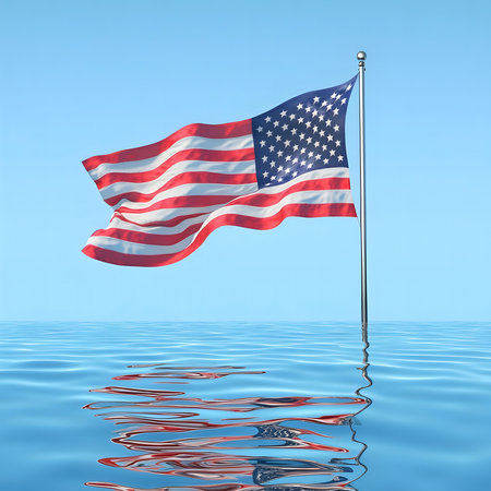American flag waving over calm water. Patriotic symbol of freedom and hope.の写真素材