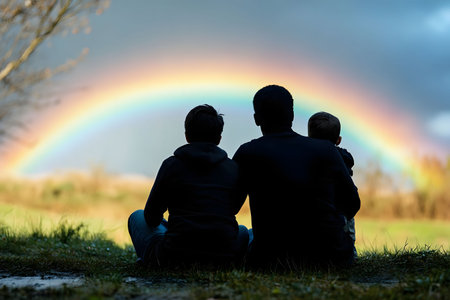 Silhouetted family of three watching a vibrant rainbow in a field.の写真素材