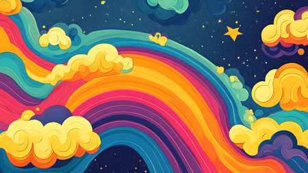 A vibrant rainbow sweeps across a dreamy night sky, adorned with playful clouds and twinkling stars....