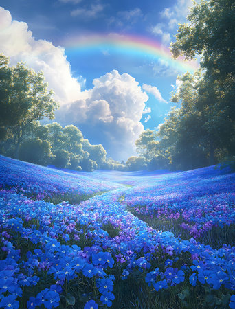 A digital painting of a breathtaking blue flower field, a vibrant rainbow arching across a cloudy sky, and trees lining a path.の写真素材