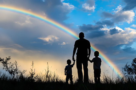 A heartwarming silhouette of a father and his two sons, hand-in-hand, silhouetted against a breathtaking rainbow. The scene embodies family love and hope.の写真素材