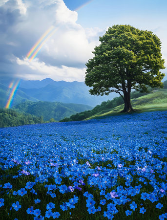Stunning landscape photo of a vibrant blue flower field, a majestic tree, a rainbow, and breathtaking mountains.の写真素材
