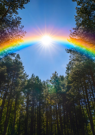 A vibrant rainbow encircles the sun, its light filtering through a dense forest. The scene is bright and serene.の写真素材