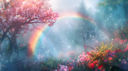 A magical scene of a rainbow in a blooming garden. The dreamy atmosphere evokes feelings of peace...