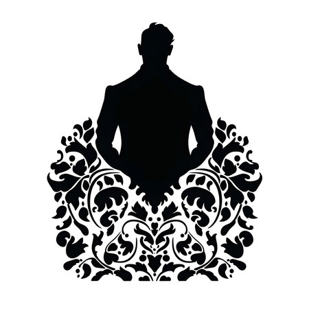 Stylish silhouette of a man in a suit, set against a detailed damask background. A blend of modern and classic aesthetics.のイラスト素材