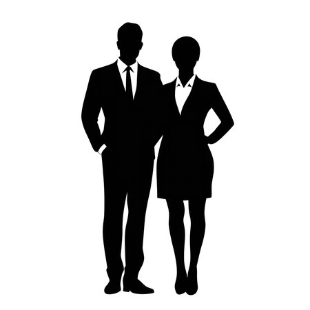 Silhouette of a business man and woman standing together, symbolizing teamwork and success.のイラスト素材