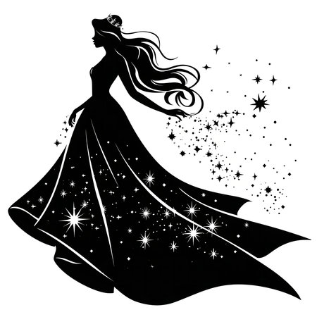 A black and white silhouette of a princess in a flowing gown adorned with stars. Magical, elegant, and dreamy.のイラスト素材