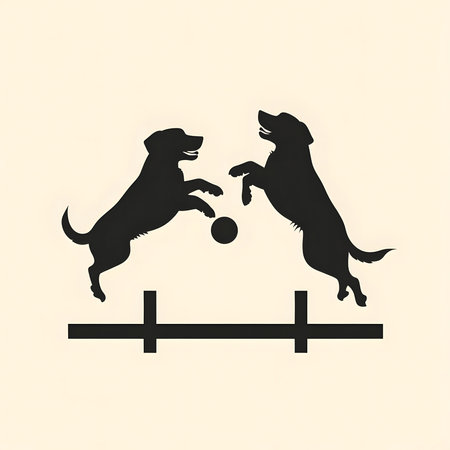 Two playful dogs jumping for a ball. A minimalist silhouette illustration.