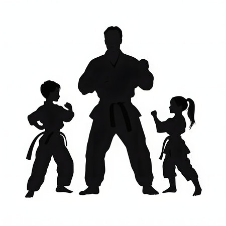A black and white silhouette image showing a karate master and two young students in karate gis.のイラスト素材