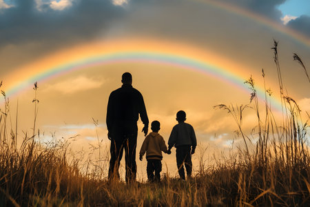A heartwarming silhouette of a father and his two sons watching a vibrant rainbow against the backdrop of a magical sunset.の写真素材