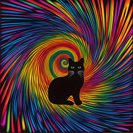 A black cat sits serenely within a vibrant rainbow vortex. The swirling colors create a mystical and captivating scene.の写真素材