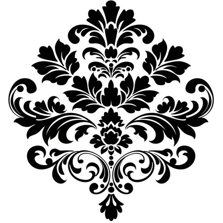 A sophisticated black and white damask pattern. Intricate details and floral motifs create an elegant design.のイラスト素材