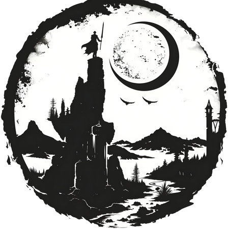 A lone warrior stands on a mountain, under a crescent moon. Black and white artwork. Gothic fantasy.のイラスト素材