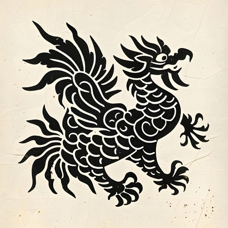 A detailed black ink drawing of a Chinese dragon on an off-white background. The dragon is depicted with intricate details, showcasing traditional Chinese art.のイラスト素材