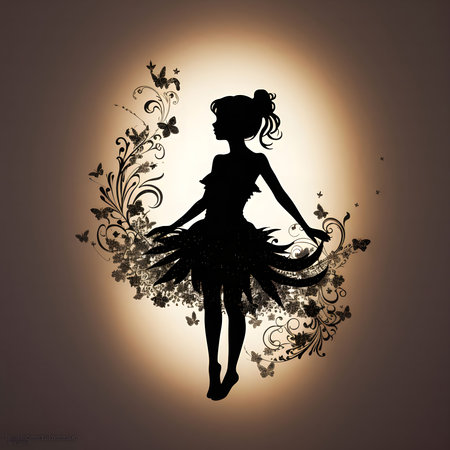 A beautiful silhouette of a ballerina in a floral dress, surrounded by butterflies. A dreamy, artistic illustration.のイラスト素材