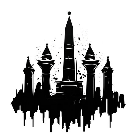 Black and white illustration of a city's skyline, featuring a prominent monument and several surrounding towers.のイラスト素材