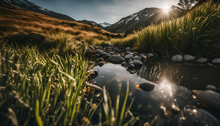A tranquil mountain creek with lush grass on both sides, reflecting the warm golden glow of the setting sun.の写真素材
