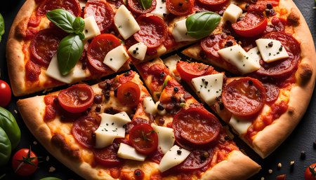 A close-up shot of a freshly baked pepperoni pizza with melted mozzarella cheese, sliced tomatoes, and fresh basil leaves.の写真素材