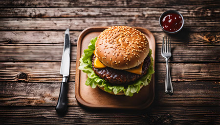 A close-up shot of a juicy cheeseburger with lettuce and tomato on a wooden table with a fork, knife, and ketchup.の写真素材
