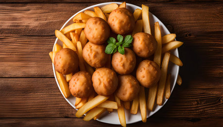 A white plate filled with fried food, including crispy french fries and golden brown meatball-like bites, photographed from above on a wooden table.の写真素材