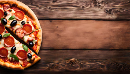 A close-up shot of a delicious pepperoni pizza with olives and basil, sitting on a rustic wooden background. The pizza is cut into slices, revealing the cheesy and savory filling. The wooden background adds a warm and inviting atmosphere, making the pizza even more tempting.の写真素材