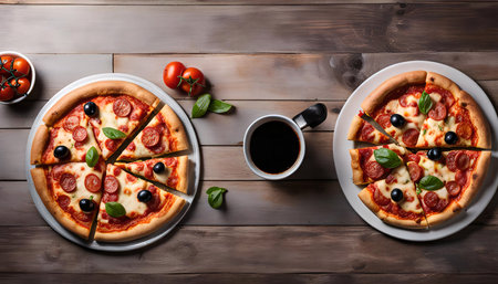 Two pizzas with pepperoni and basil on a wooden table with a cup of coffeeの写真素材