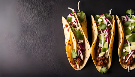 A close-up view of three tacos filled with meat, vegetables and cheese on a black surface.