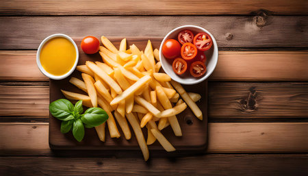 A plate of golden French fries with dipping sauce and fresh cherry tomatoes on a wooden board.の写真素材