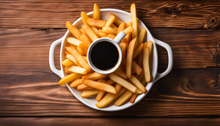 French Fries with Coffee Sauce on a wooden background