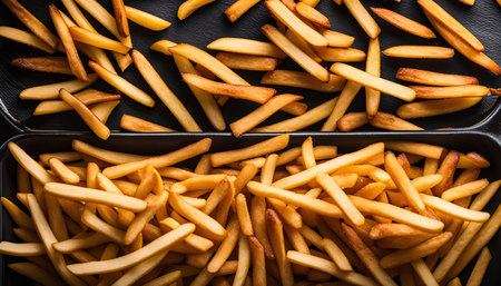 A close-up of golden french fries in a black pan. The fries are crispy and look delicious.の写真素材