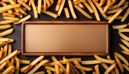 A top view of a wooden frame surrounded by golden french fries on a black surface