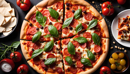 A close-up shot of a delicious pizza with pepperoni, basil, and olives, ready to be enjoyed.の写真素材