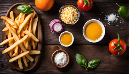 A plate of french fries with a dipping sauce and garnishes of tomatoes, onions, and basil.の写真素材