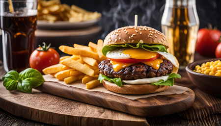 A mouthwatering cheeseburger with a fried egg, topped with melted cheese, lettuce, and tomato, served with a side of golden brown fries.の写真素材