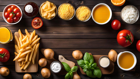 A top view of a beautifully arranged assortment of fresh ingredients for a delicious meal. The ingredients are spread out on a rustic wooden table, creating a visually appealing and mouthwatering scene.の写真素材