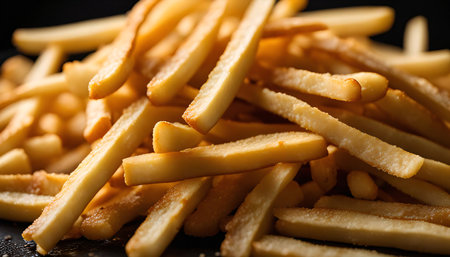 A close-up image of golden french fries, showing their crispy texture and savory appeal.の写真素材