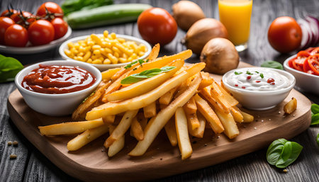 A close-up of crispy french fries on a wooden board, surrounded by various sauces, tomatoes, onions, and corn. The image emphasizes the deliciousness and texture of the french fries.の写真素材