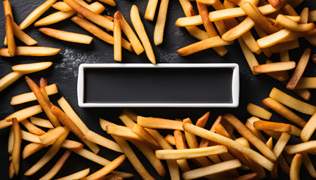 A plate of crispy golden french fries with a small dish of dipping sauce on a black background.の写真素材