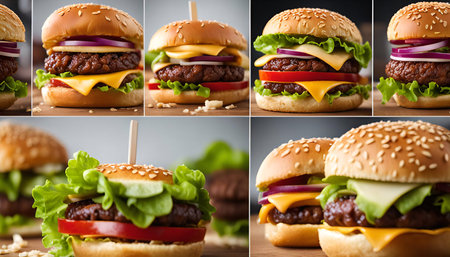 A close up collage of cheeseburgers, showing the layered ingredients and inviting textures of this popular fast food classic.の写真素材