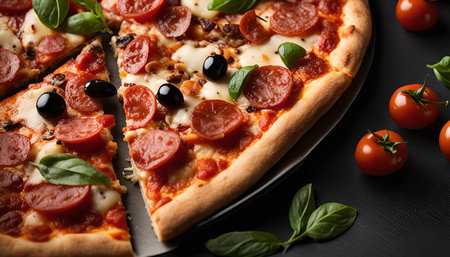 A close-up shot of a delicious pepperoni pizza with fresh basil and cherry tomatoes, highlighting the colorful ingredients and the perfect crust.の写真素材