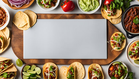 A vibrant spread of Mexican tacos featuring various toppings like meat, salsa, beans, cheese, onions, cilantro, and lime wedges. The tacos are arranged on a white background along with other ingredients and bowls. This image is perfect for showing the deliciousness of Mexican cuisine.の写真素材