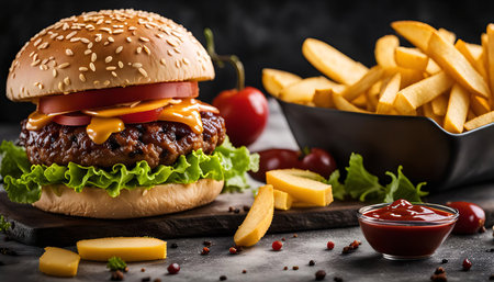 A close-up shot of a juicy cheeseburger with crispy fries and ketchup. The burger is layered with cheese, tomato, lettuce, and a meat patty on a toasted bun.の写真素材