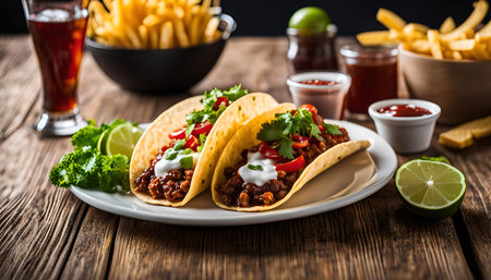 A close-up shot of two tacos filled with meat and topped with sour cream and parsley, served on a white plate with a side of limes and fries, on a wooden table. The tacos look delicious and appetizing, with fresh and vibrant ingredients.の写真素材