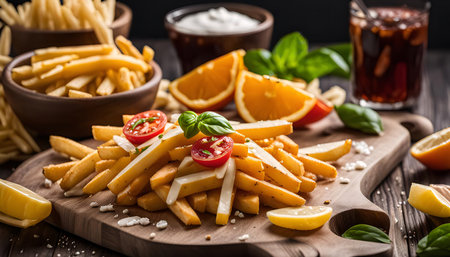 A close-up image of a plate of french fries topped with cheese and tomato, garnished with basil and lemon. This is a delicious and appealing appetizer perfect for any meal.の写真素材
