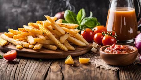 A plate of golden-brown corn and potato fries arranged on a rustic wooden table, with a bowl of tomato sauce, garlic, onions, and basil.の写真素材