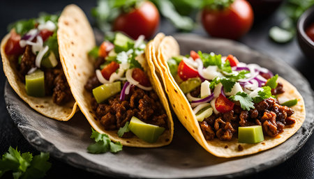 Three tacos filled with meat, avocado, tomato and onion, on a gray plateの写真素材
