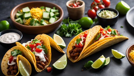 Close-up of delicious tacos with various toppings, including tomatoes, cilantro, cheese, and meat.の写真素材