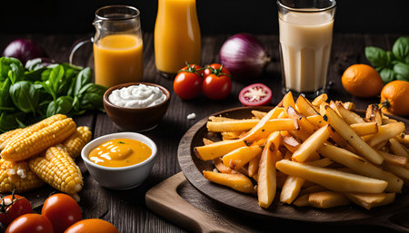 A mouthwatering platter of golden fried potatoes served with fresh corn, onions, tomatoes and a variety of sauces.の写真素材