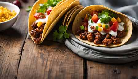 Close-up of tacos filled with meat and vegetables, garnished with sour cream and cilantro, sitting on a wooden table.の写真素材